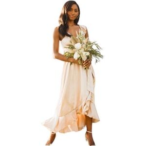 Show Me Your Mumu Samantha Ruffle Wrap Dress in Champagne Luxe Satin NEW…